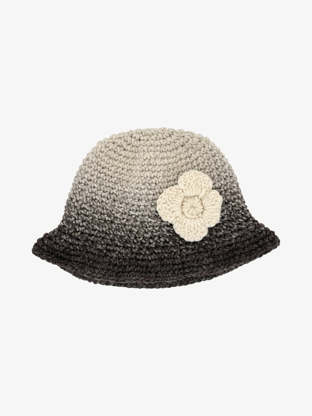 HAND CRAFTED Crochet Ombre Cloche Bucket Hat‎ OS Gray Wool Rolled Brim Flower
